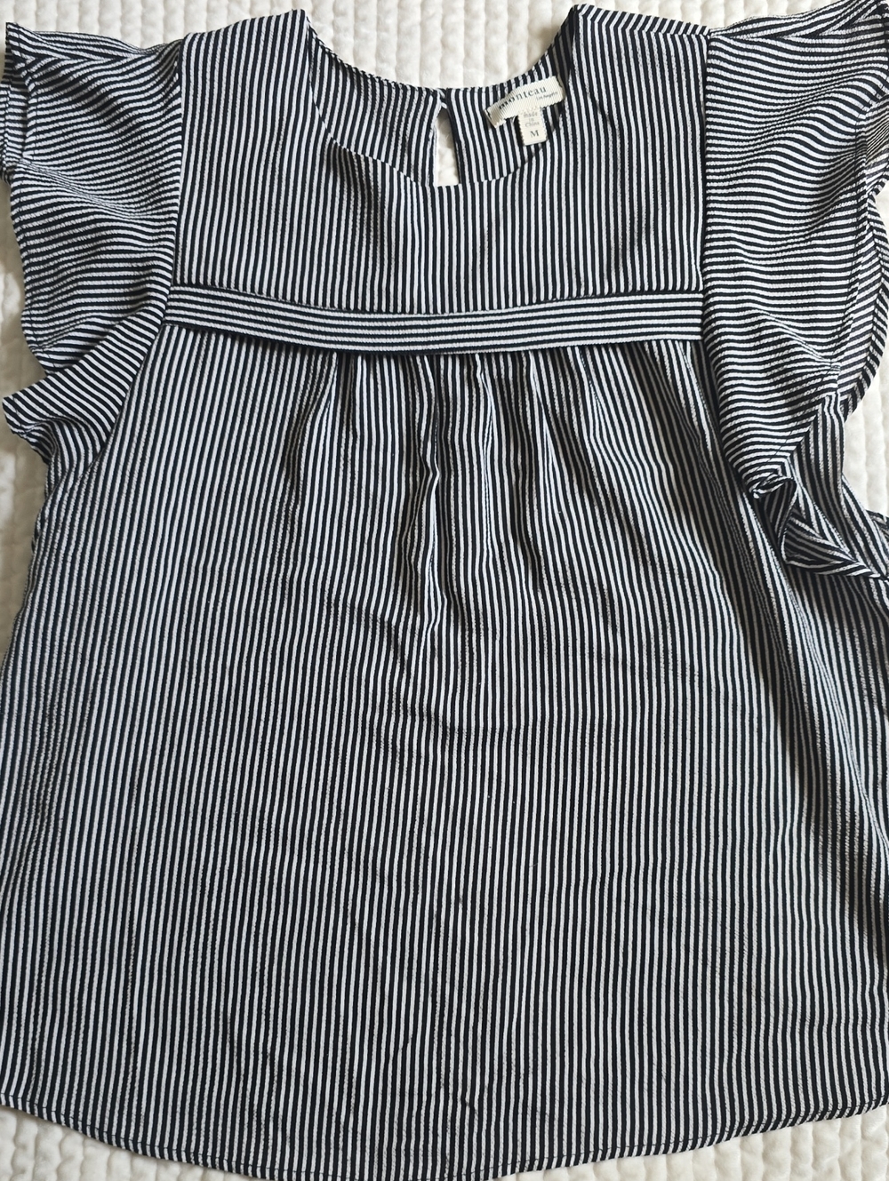 Monteau Black and White Striped Flutter-Sleeve Top - Size M